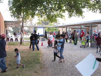 students and parents walking outside